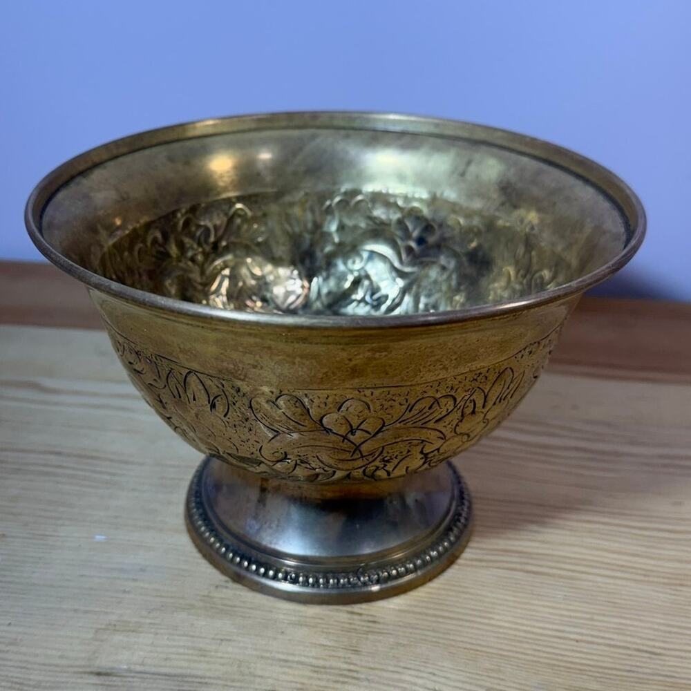 Vintage Engraved Solid Brass Pedestal Bowl Floral Scroll Footed 7"